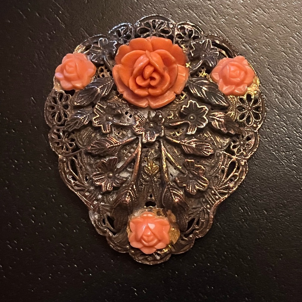 Vintage Floral Fur Clip with Carved Celluloid Coral Roses